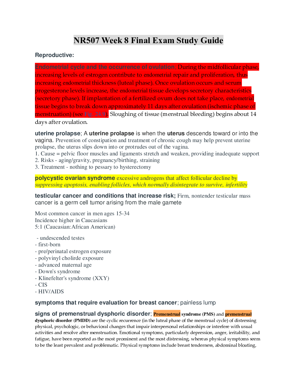 NR 507 FINAL EXAM STUDY GUIDE / NR 507 Week 8 Final Exam Study Guide, Complete Solutions A Guide